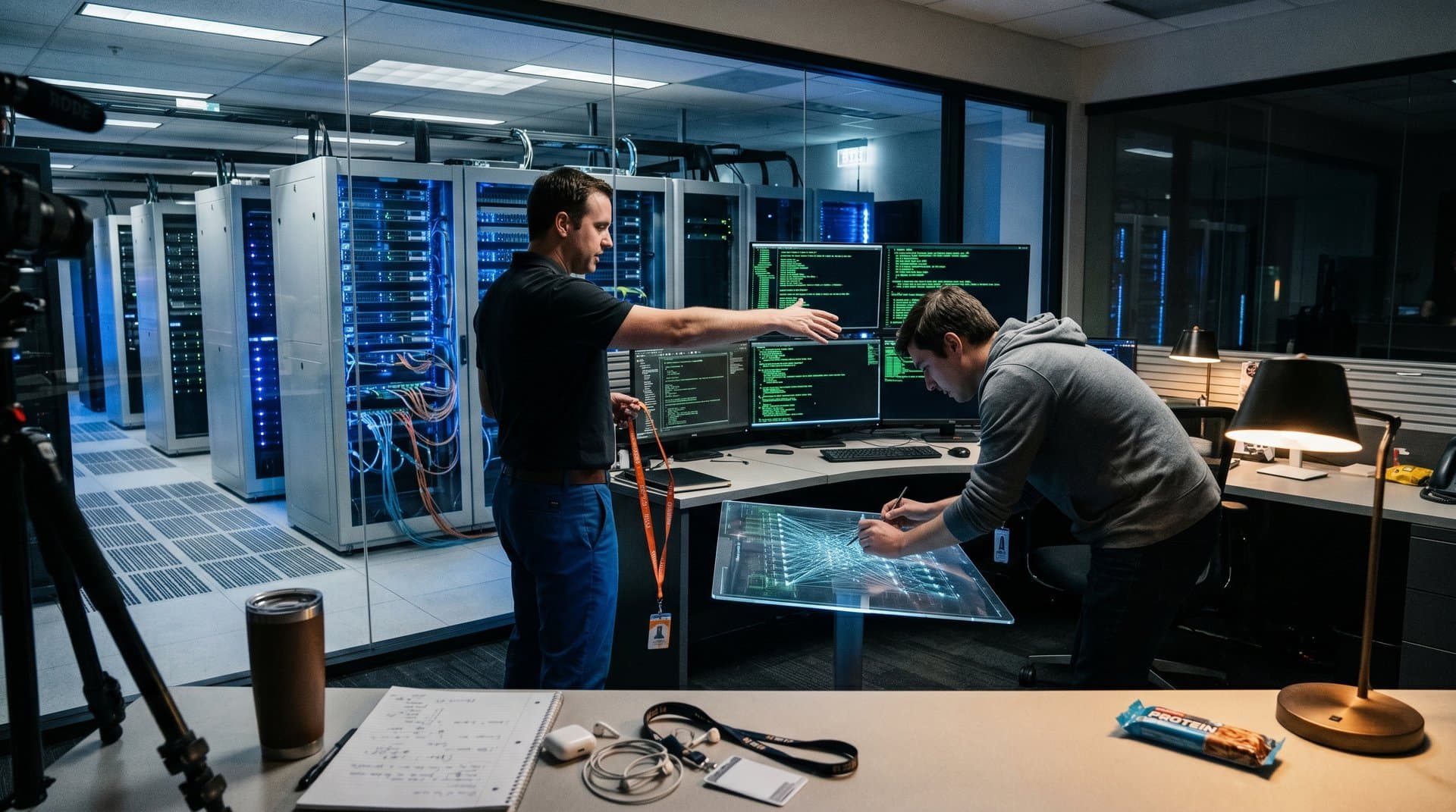 Futuristic data center with Redis array metrics on screens, fiber optic cables, holographic data structures in high-tech environment.