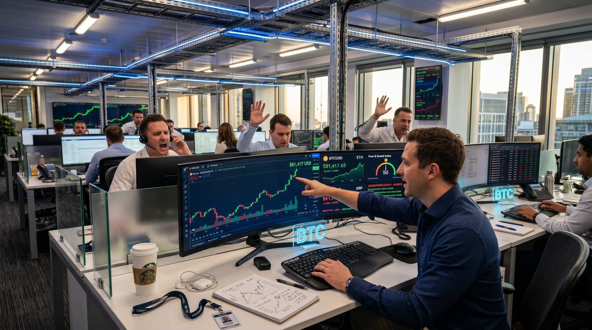 Trading screens show Bitcoin at $81,417 USD during short position liquidation