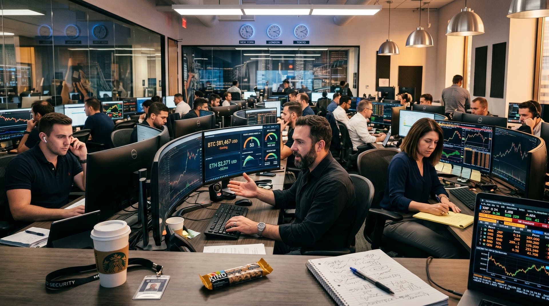 Modern trading screens showing BTC at $81,467, AI dashboards, crypto prices, and market indices in a high-tech financial center