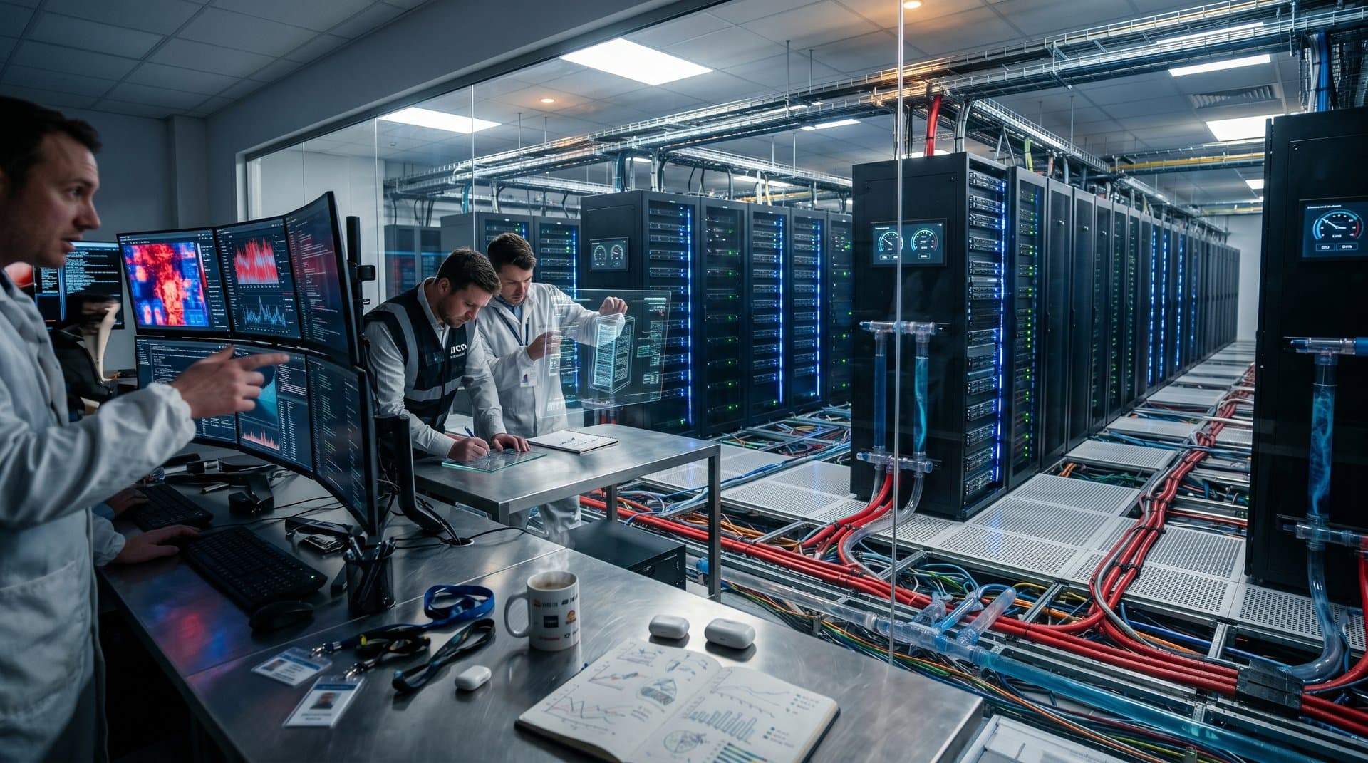Data center with server racks, cooling systems, cables and monitoring screens