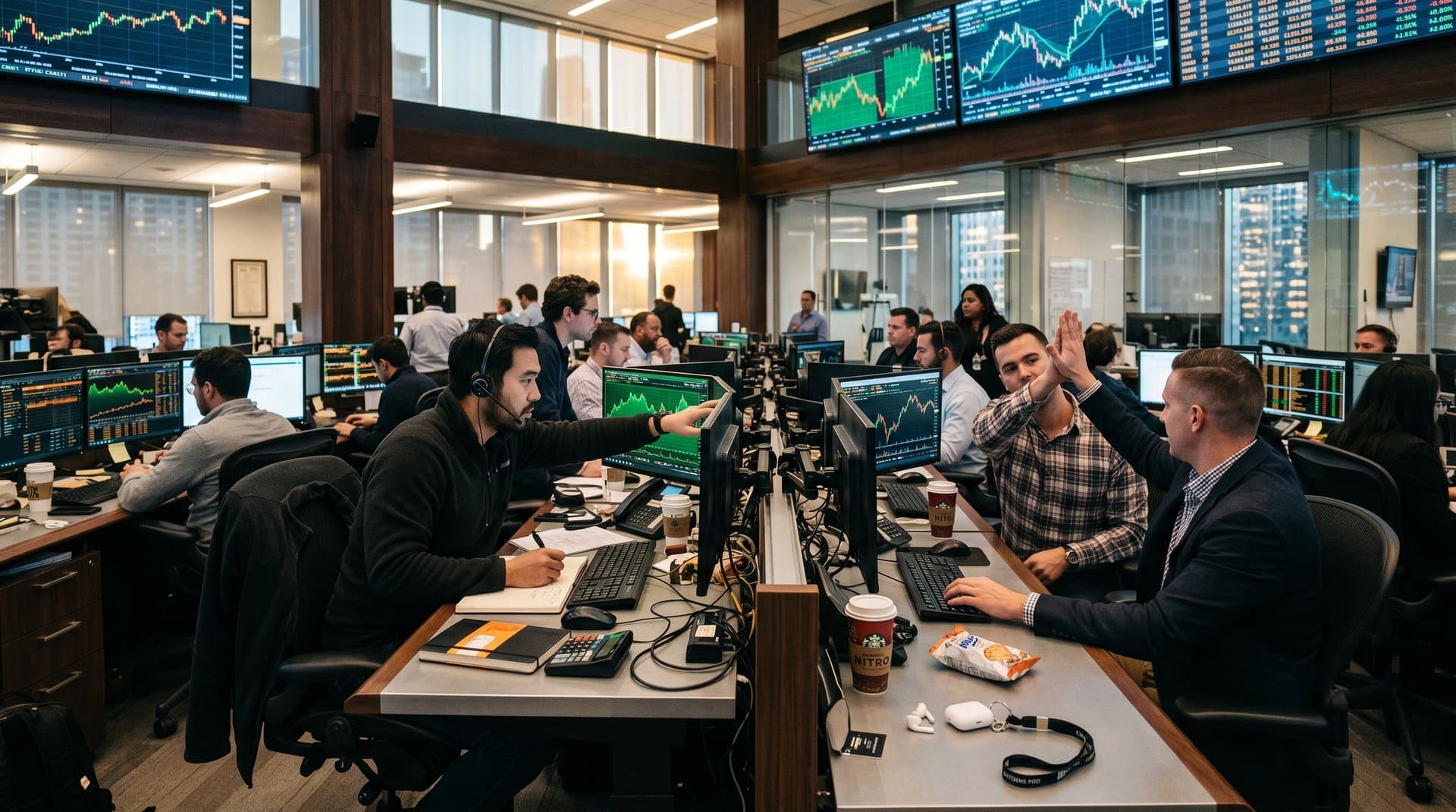 Trading floor analysts review Bitcoin Cash price charts on multi-monitor displays amid market discussion