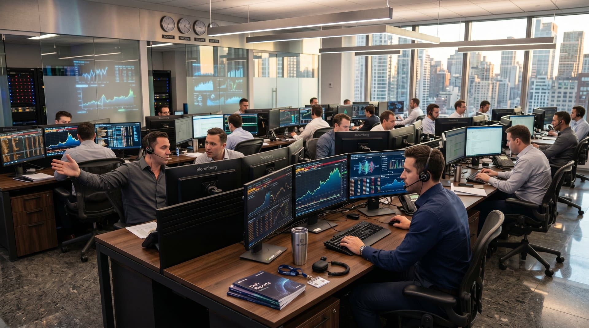 AI dashboards on trading terminals show crypto and equity charts in modern finance office