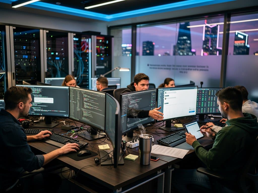 Abstract developers reviewing AI-rejected code commits and BTC charts in high-tech office with security holograms