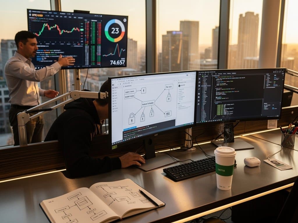 Tech workspace with code forks, calendars, BTC price chart, and Fear Index display