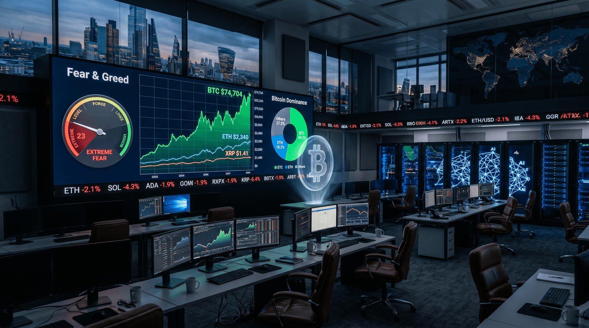 Bitcoin Cryptocurrency Market Indicator at $74,704 With Fear & Greed at 23