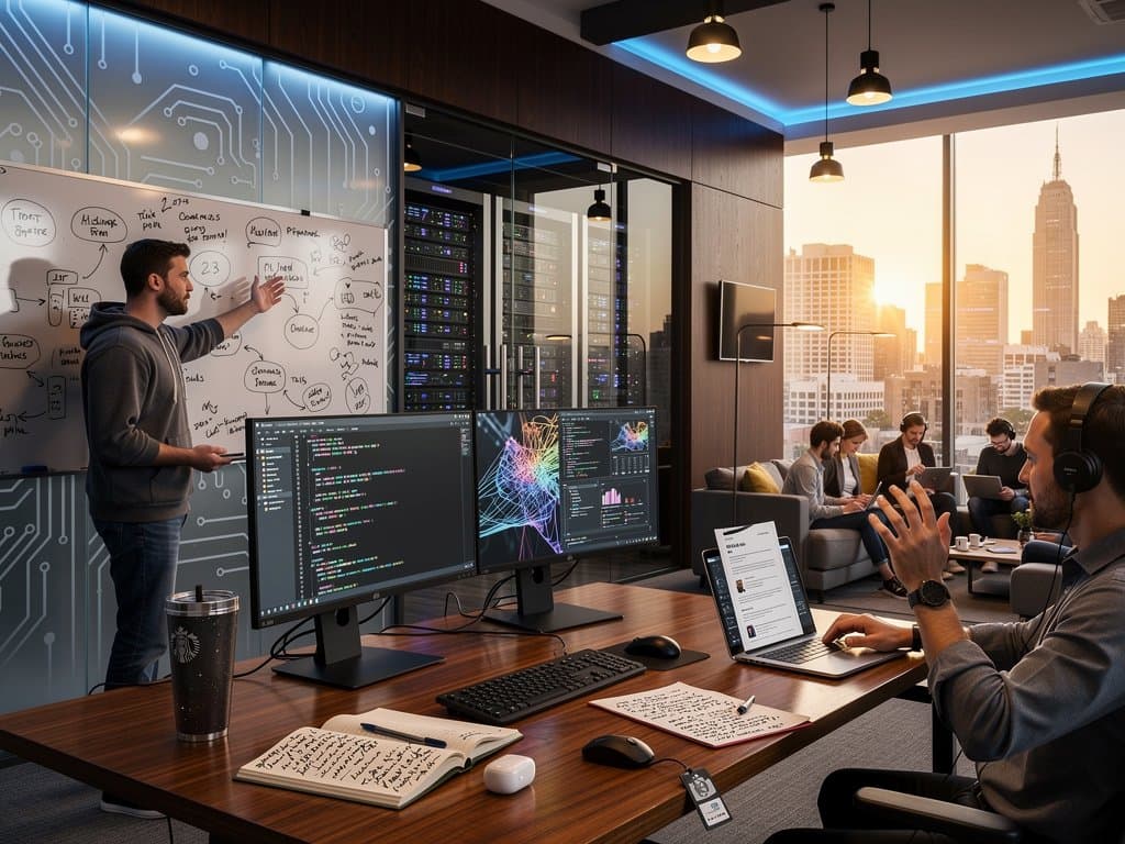 AI engineers collaborate in YC startup office with ML code on monitors, crypto charts at fear index 23, and San Francisco skyline view