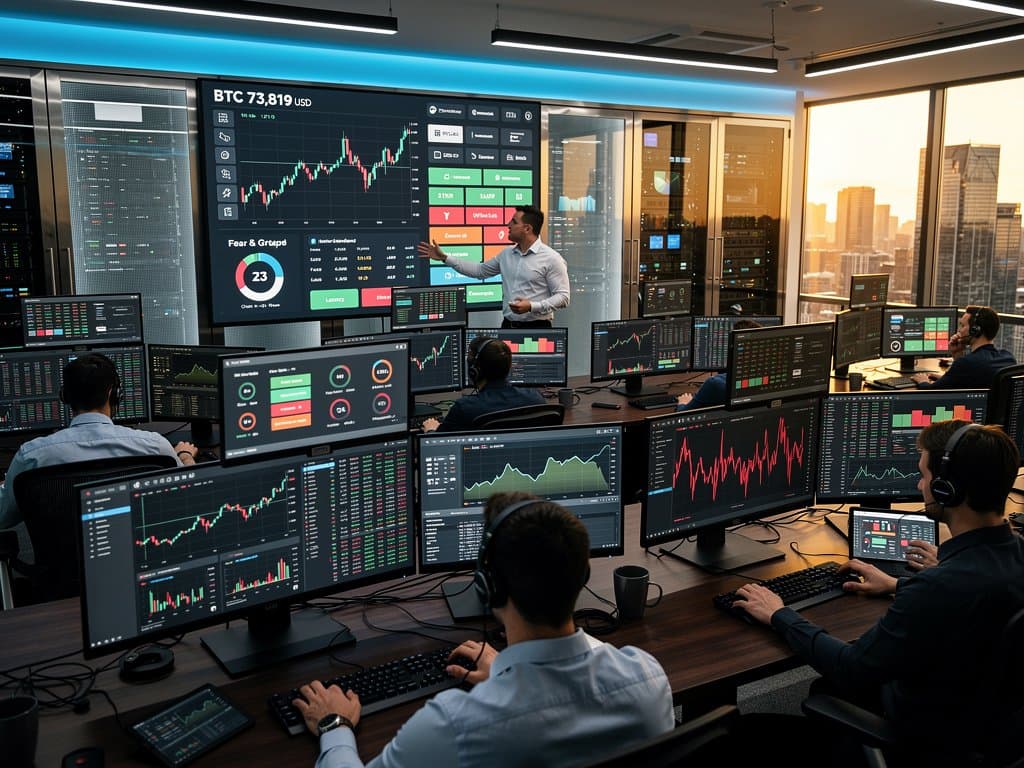 Trading desks with monitors showing BTC at $73,819, OpenTelemetry metrics and Prometheus graphs amid market volatility