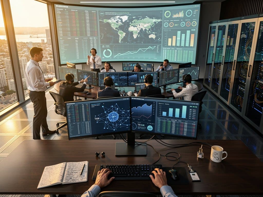 Enterprise operations center with AI dashboards, crypto charts on monitors, server racks, and market terminals in modern tower