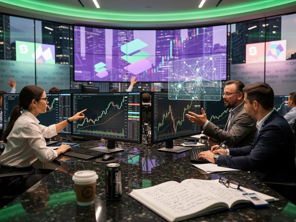 Traders monitor Solana price charts on multi-screen setups amid cryptocurrency market recovery