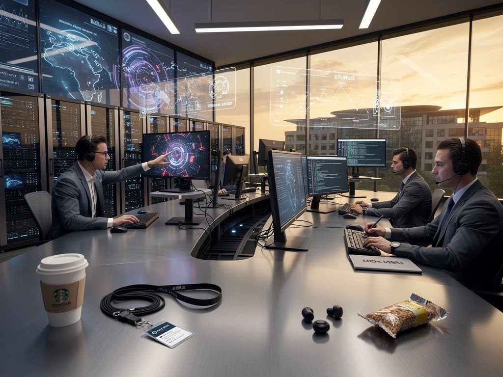 Security operations center with threat heatmaps on multi-monitors, server racks, and high-tech displays in IBM research facility