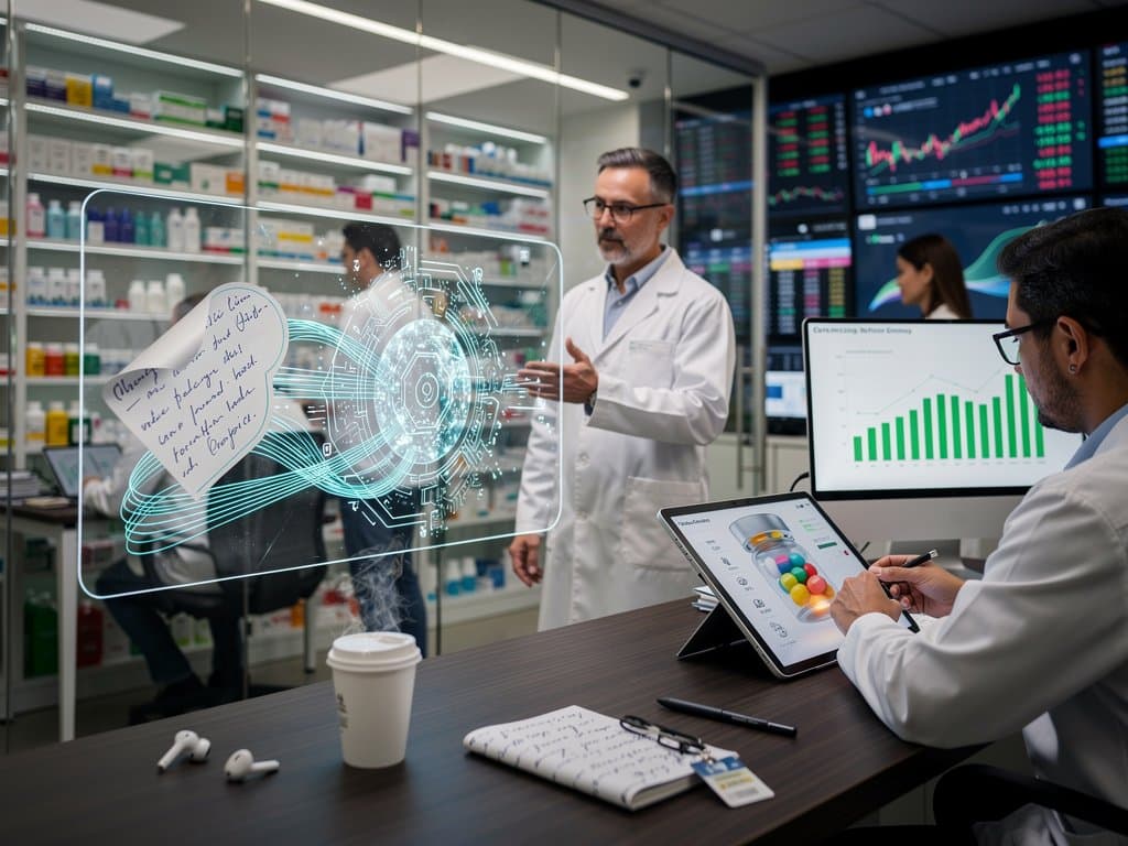 Abstract AI neural networks processing prescription data with financial crypto charts in background