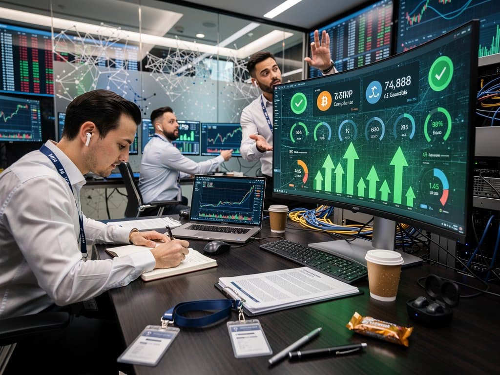 Trading floor monitors show crypto charts and AI compliance checks with Bedrock Guardrails