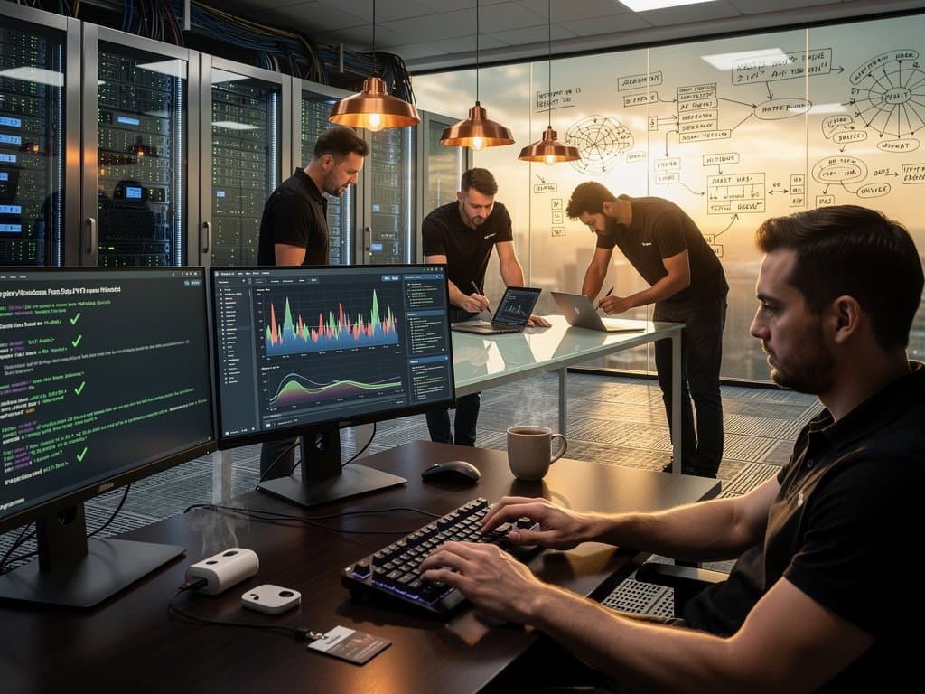 Bedrock AI compliance dashboards on curved monitors in modern tech workspace with server racks and dry-erase boards