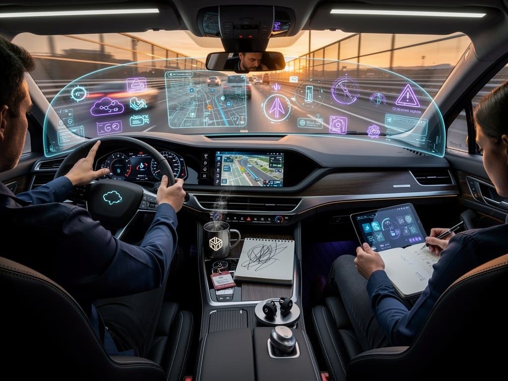 Futuristic vehicle cockpit with AI interfaces and data streams representing Microsoft AI vehicles technology