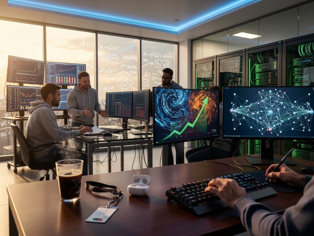 AI startup office with neural network screens, funding charts, GPU servers, and financial terminals