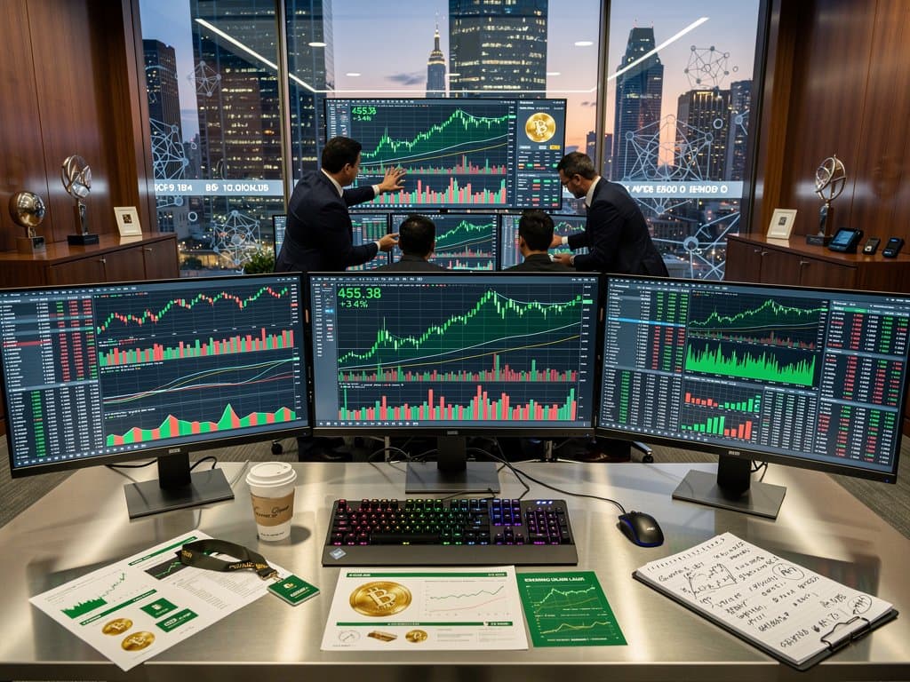 Trading terminals display BCH charts spiking green in modern crypto trading environment with monitors and city view