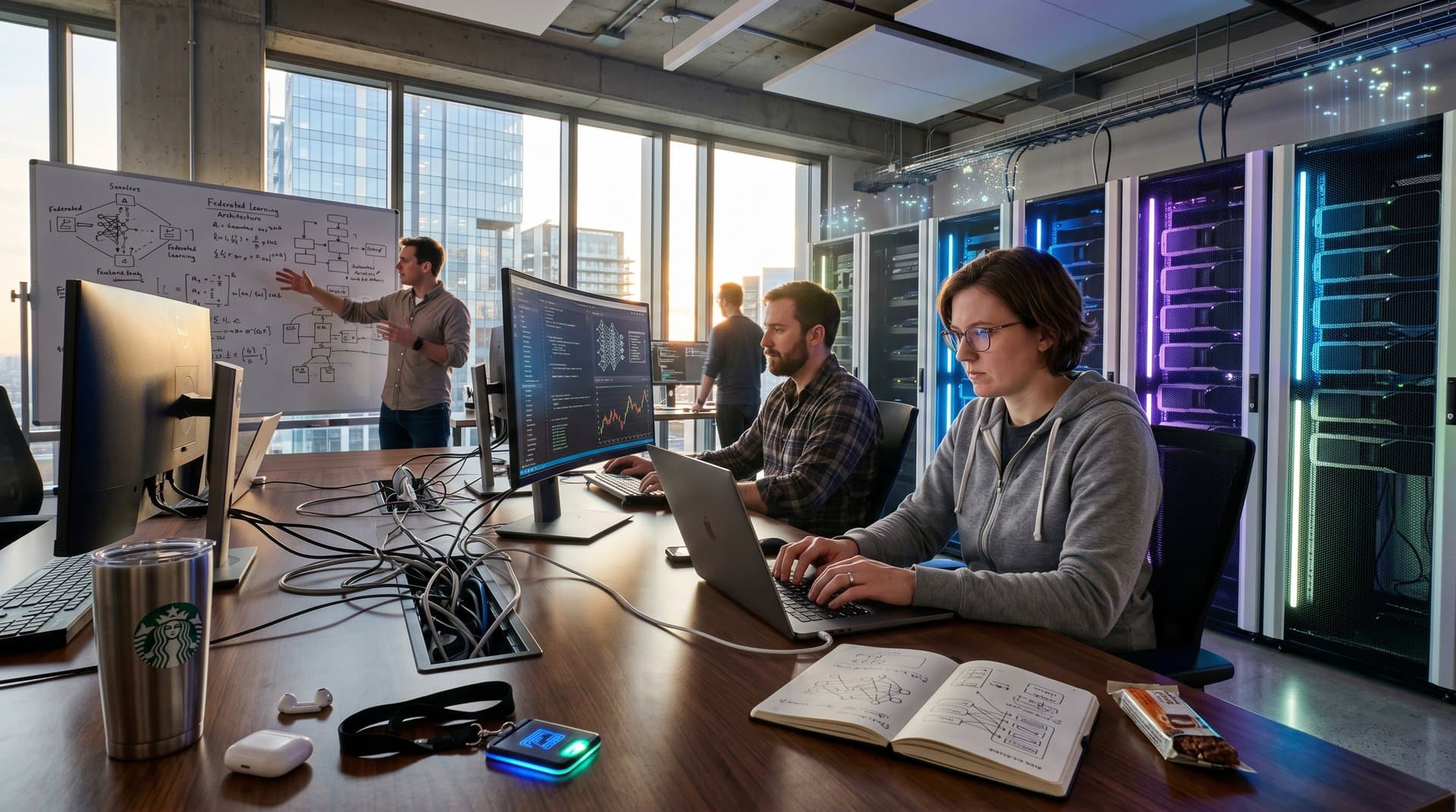 Abstract high-tech AI lab with GPU servers, monitors showing neural networks, Forbes AI 50 list, crypto charts, and collaborative silhouettes in software and blockchain innovation environment