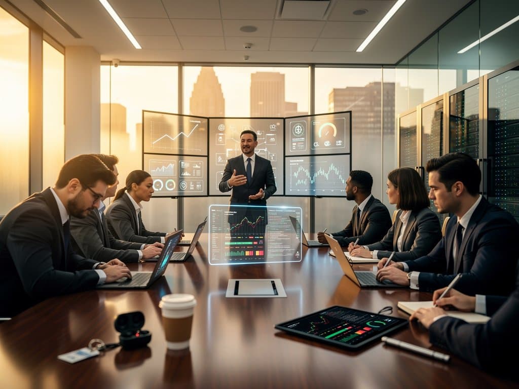 Enterprise team reviews OpenAI and Anthropic AI tools on screens in modern office with server background