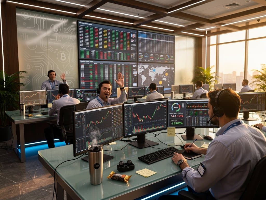 Trading floor monitors showing cryptocurrency stocks charts for MSTR, MARA, RIOT, Bitcoin price at $74K, and Fear & Greed Index in a professional finance environment