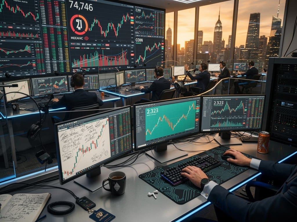 Trading floor monitors display crypto charts, Bitcoin price at $74,746 USD, Fear & Greed Index at 21, and MarketBeat stock lists for hedging analysis
