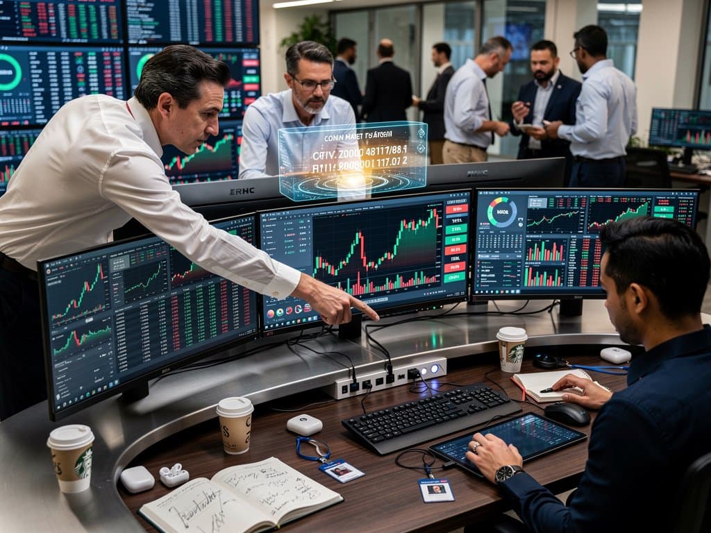Trading floor monitors show BTC at $75,099, XRP charts, and cryptocurrency stock tickers