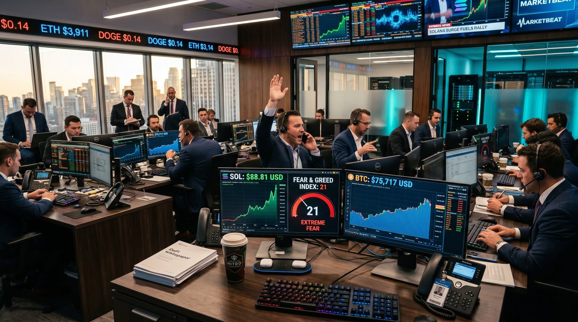 Trading screens display Solana at $88.81 USD, Bitcoin at $75,717 USD, and Fear & Greed Index at 21 on crypto charts