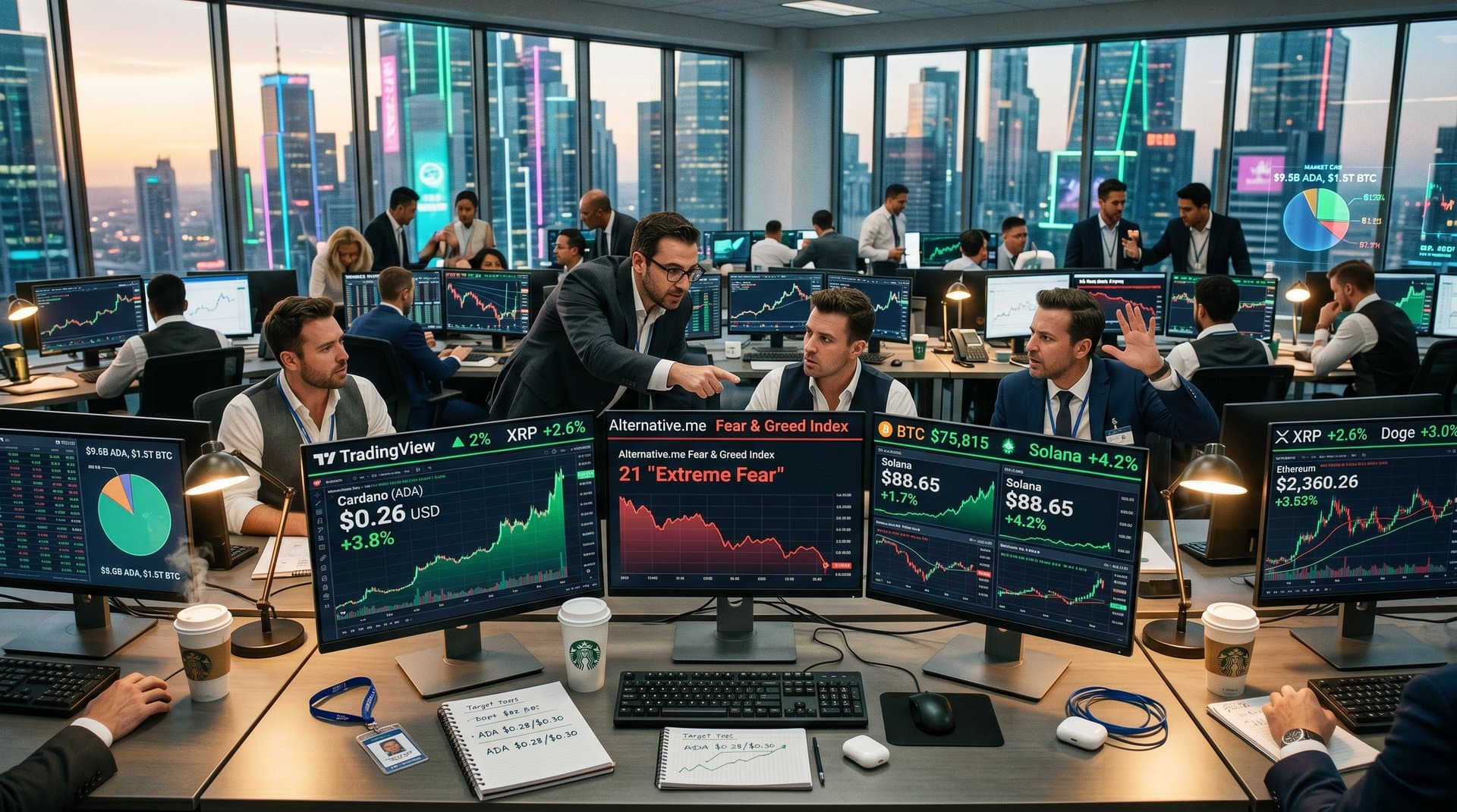 Trading screens show ADA price at $0.26 rising amid crypto market data and Fear & Greed Index