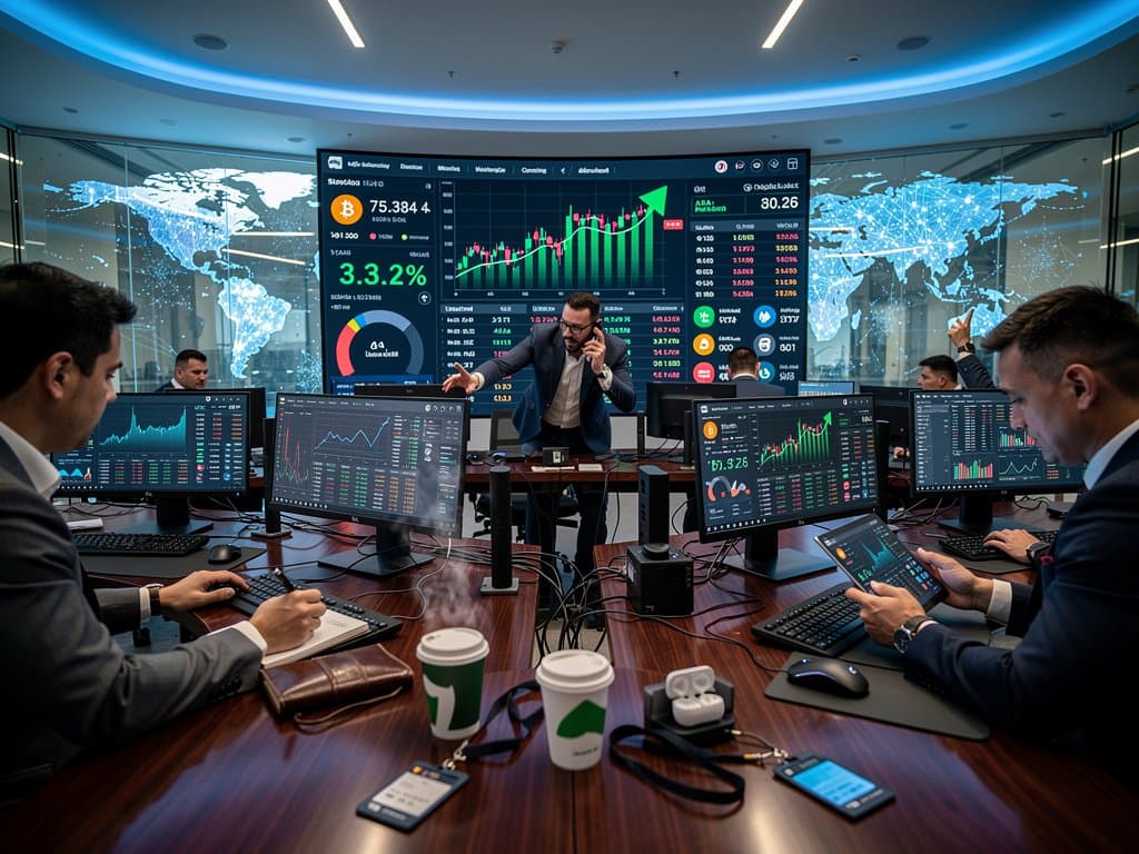 Screens displaying Cardano ADA charts at $0.26, crypto prices, Fear & Greed Index at 21, market data