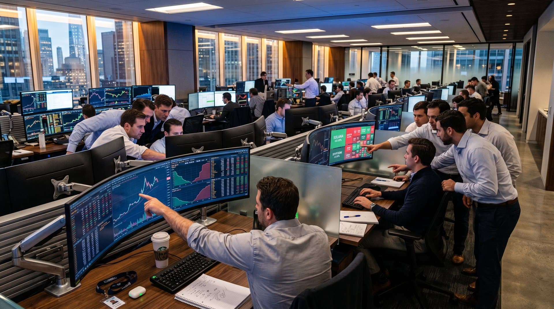 Traders analyze Solana and Ethereum charts on Bloomberg terminals amid live market data on a premium New York trading floor