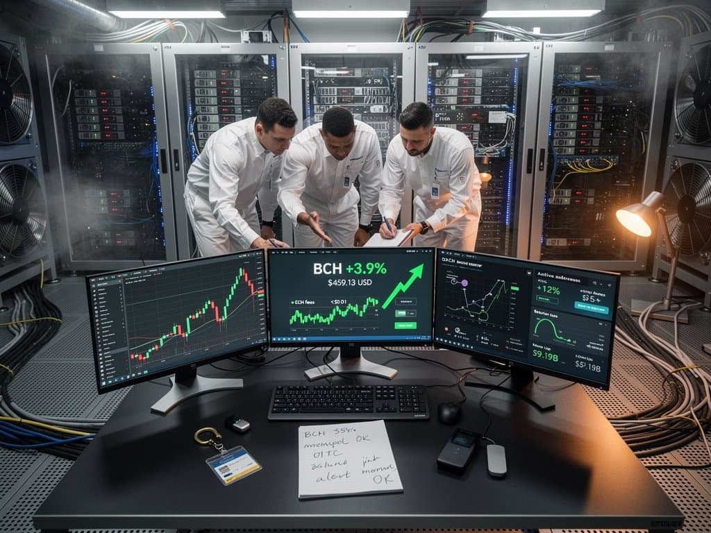 Cybersecurity engineers monitor Bitcoin Cash blockchain servers in a high-security Tier IV data center with glowing racks and transaction charts on multi-monitors