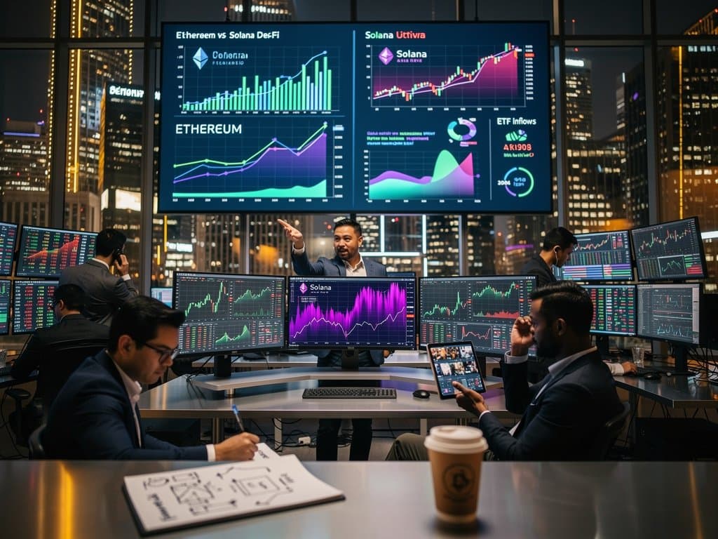 Traders monitor Ethereum and Solana charts on terminals amid volatility indicators