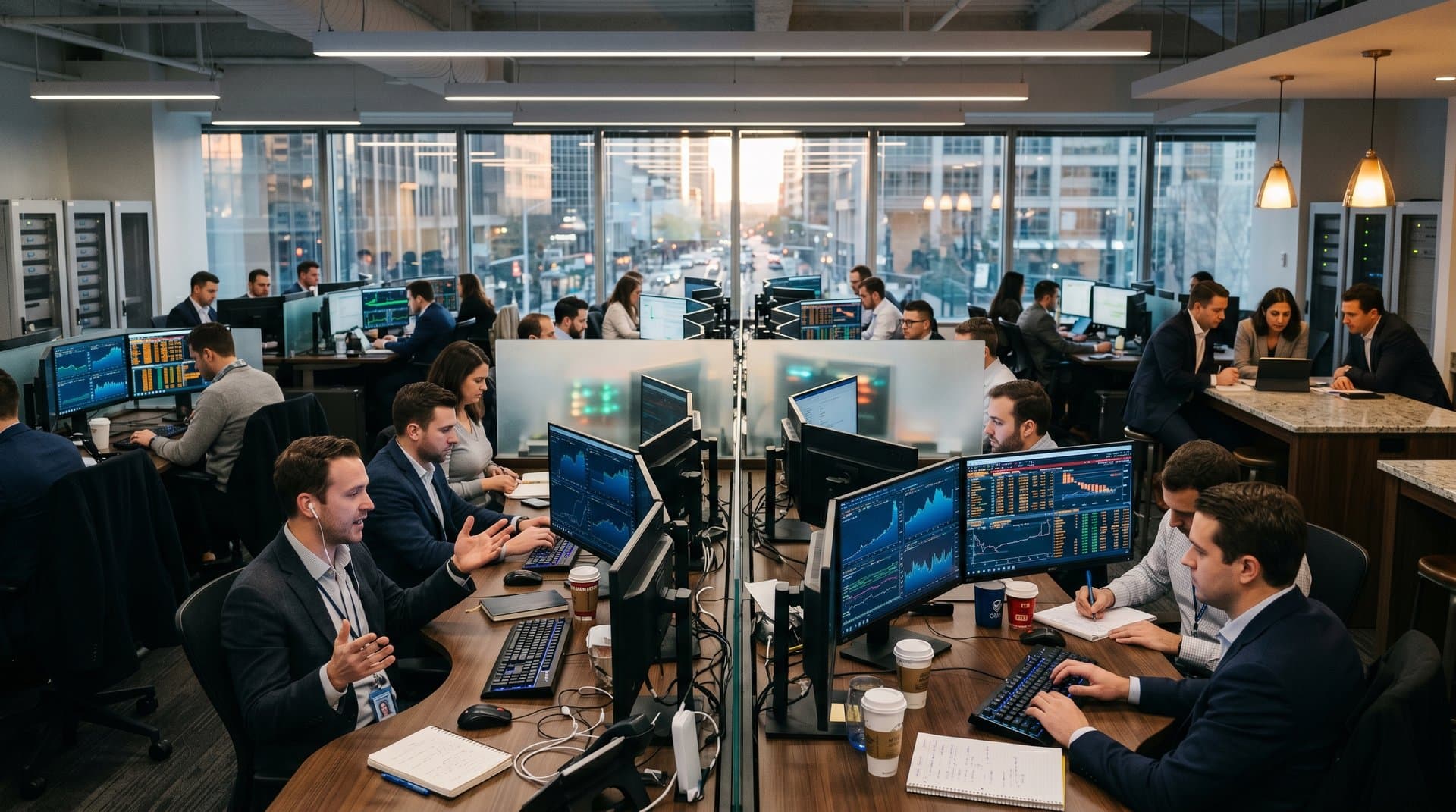 Abstract fintech trading floor with AI dashboards and crypto charts under LED lights