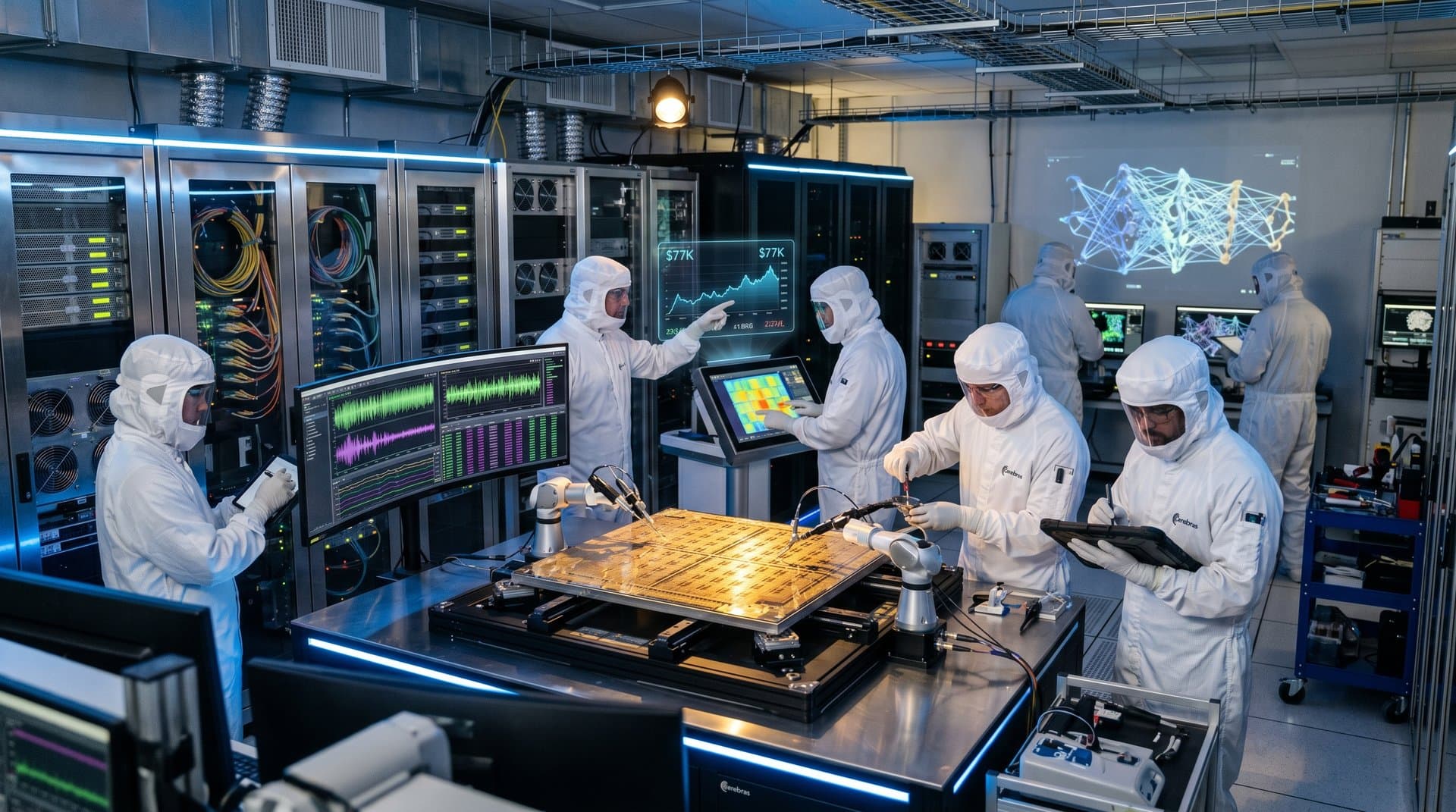 Wafer-scale AI chip in cleanroom lab with diagnostic tools and server racks