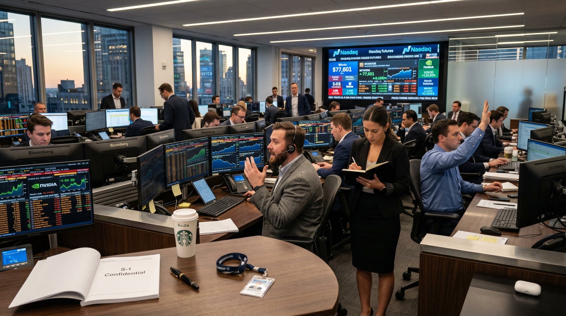 Trading floor monitors showing Cerebras IPO charts, Bitcoin price, and AI chip stocks
