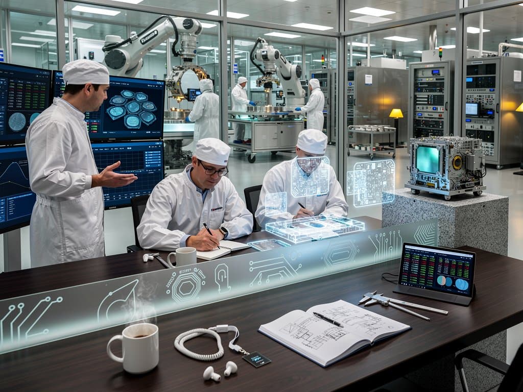 Engineers examine ASML EUV model in modern lab with monitors, cleanroom view, and high-end tech details on walnut desks