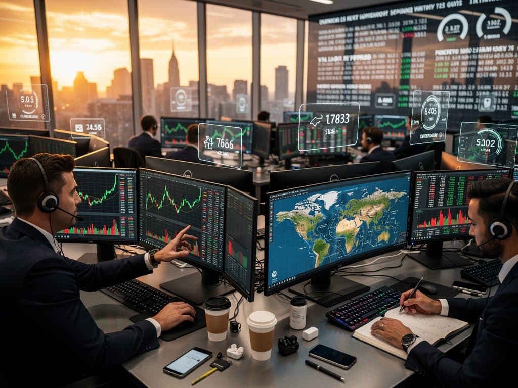 Trading screens show BTC at $77,507 and oil charts amid Strait of Hormuz tensions