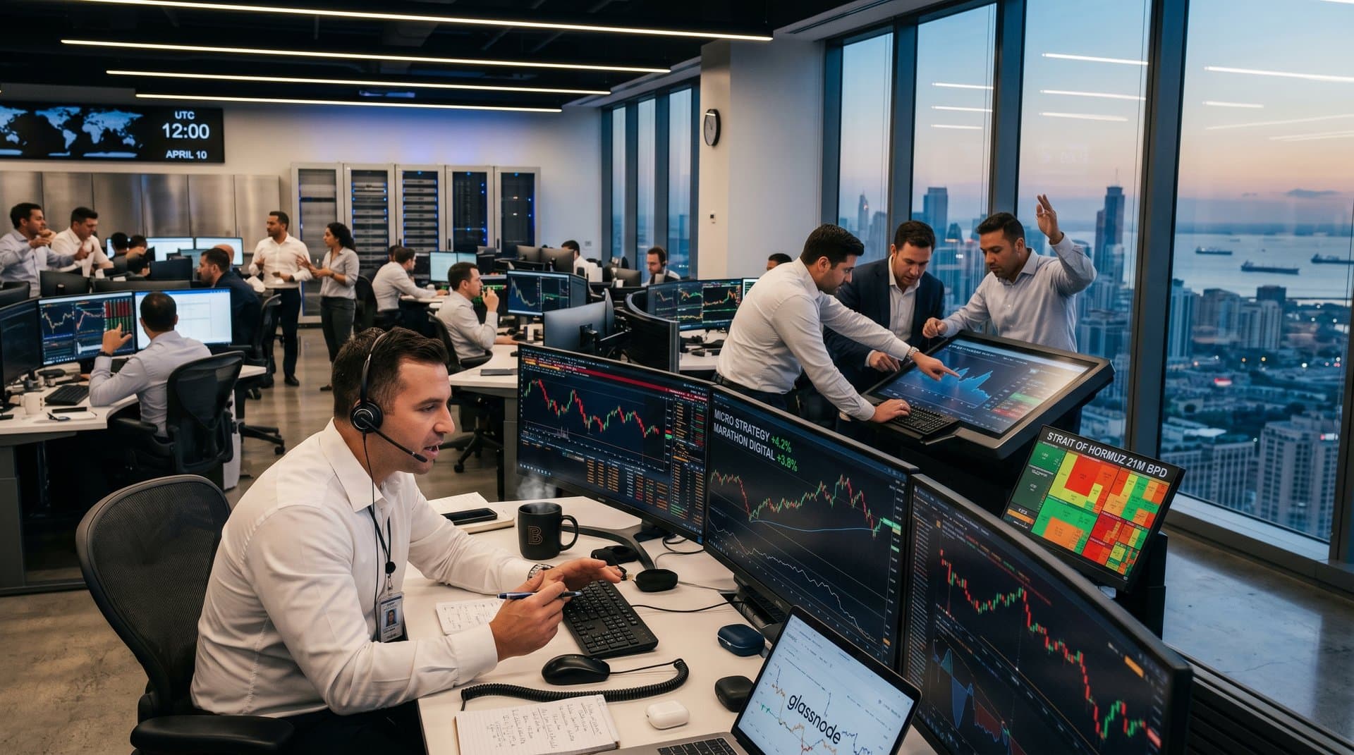 Traders monitor BTC surge to $77k, Hormuz tensions, and Fear & Greed at 21 on trading floor screens