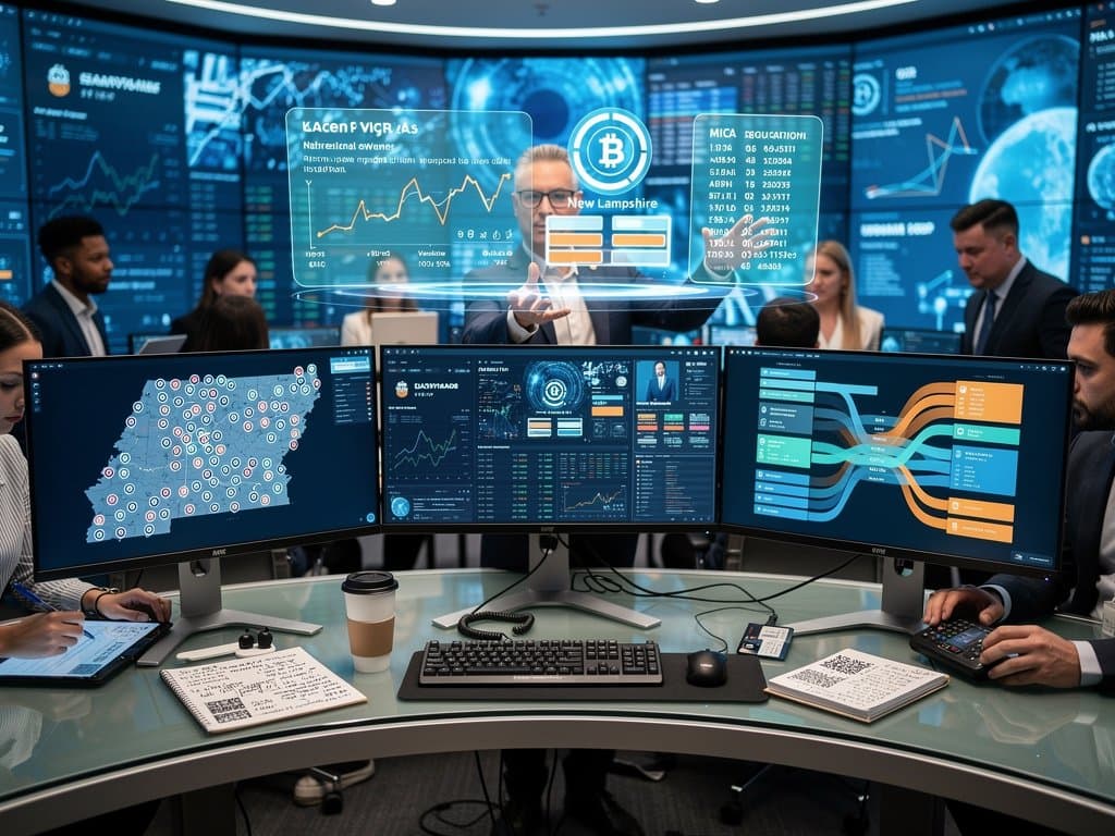 Cybersecurity team monitors crypto kiosk scam alerts on video walls and desks in high-tech operations center