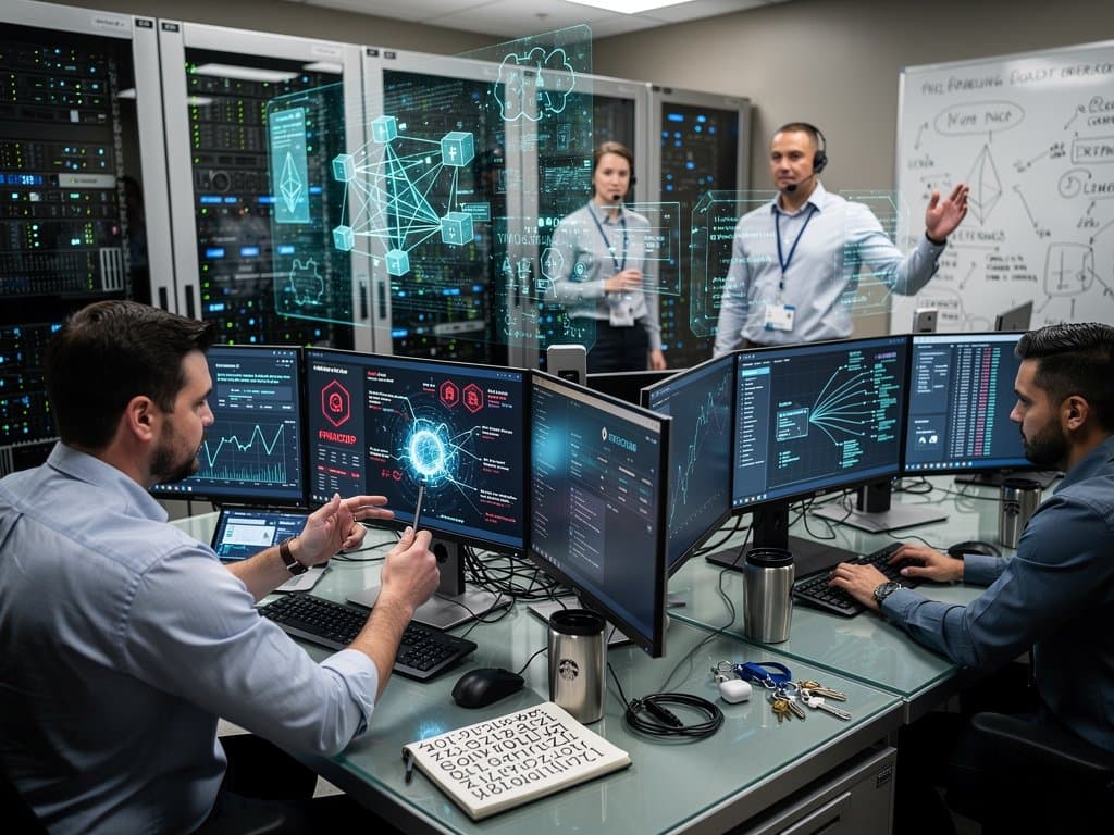 Cybersecurity analysts monitor blockchain fraud on multi-monitor setups in a high-tech Utah operations center with server racks and mountain views