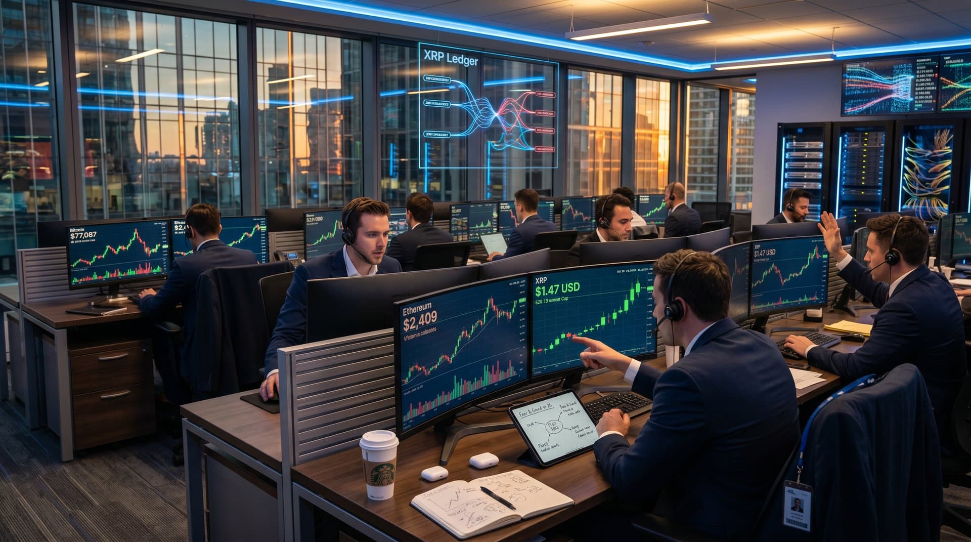 Traders monitor XRP price charts on trading floor amid market data screens and city skyline