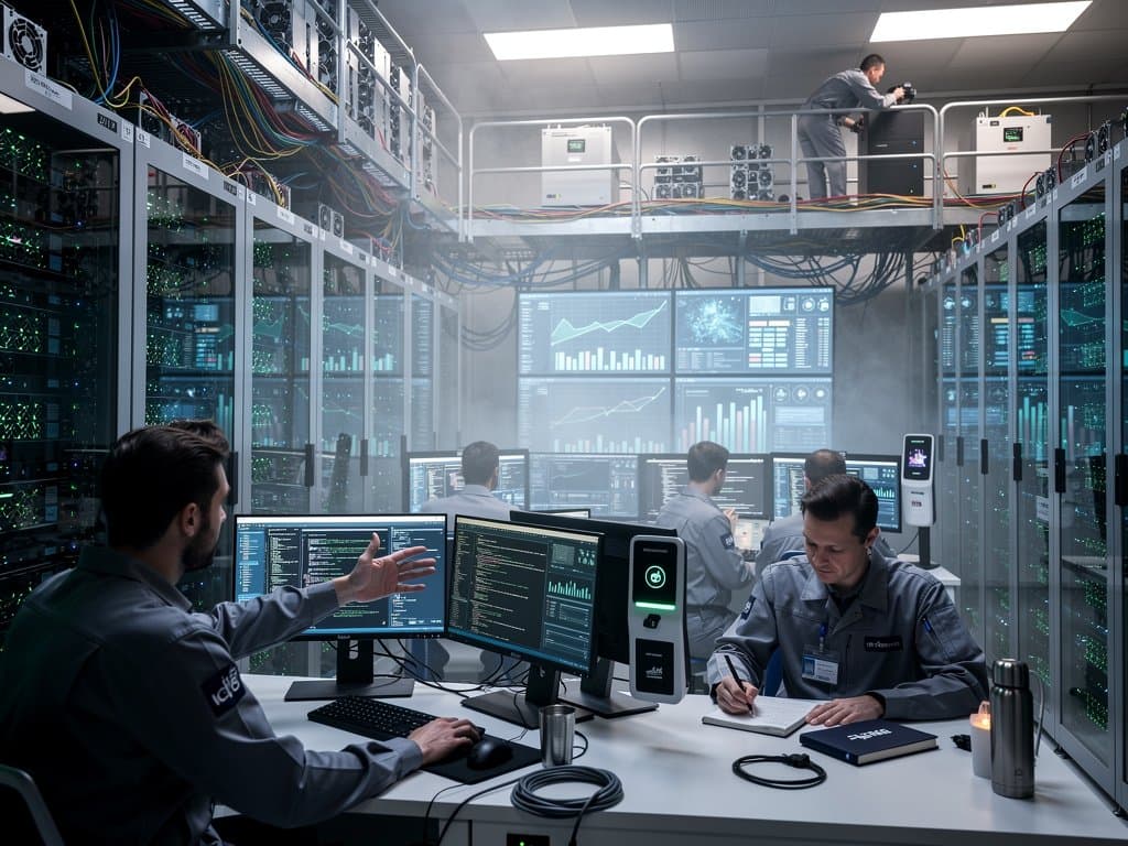 Cybersecurity engineers monitor Bitcoin blockchain metrics on multi-screen consoles amid server racks in a high-security Tier IV data center