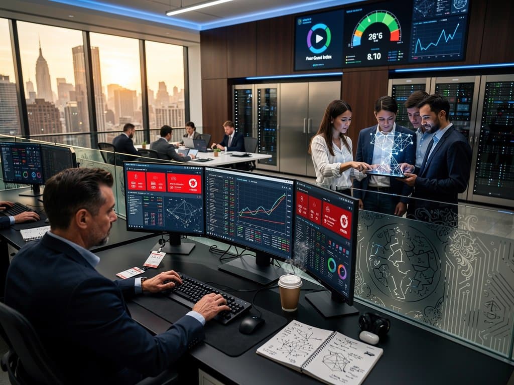 Analysts review blockchain fraud alerts on multi-monitor setups in a bank cybersecurity ops center with city skyline view