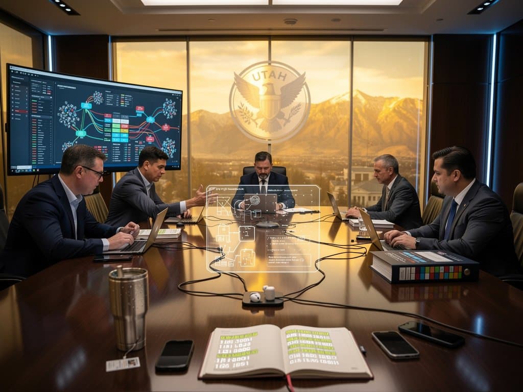 Blockchain graphs and crypto price charts on monitor in Utah government briefing room with regulatory materials and mountain view.