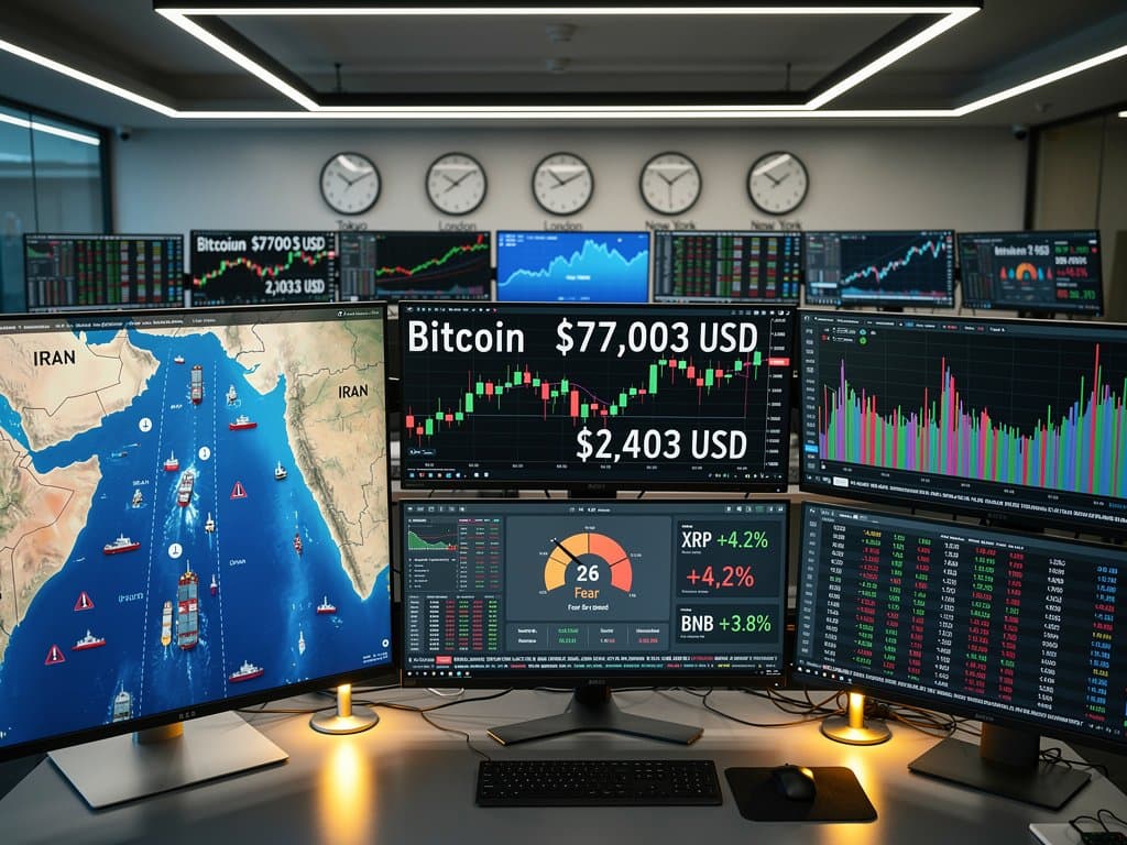 Digital screens displaying BTC at $77K, Hormuz map with tensions, crypto prices, and Fear & Greed Index in trading environment