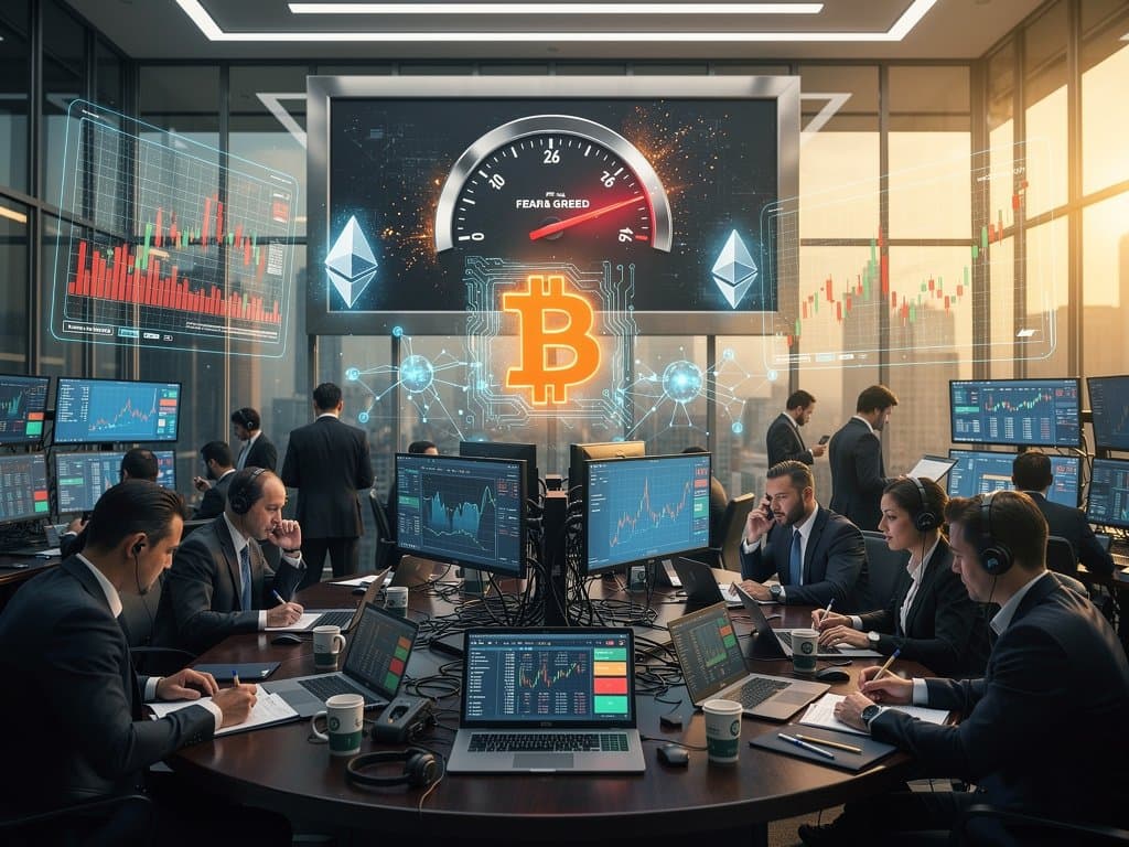 Abstract fusion of AI neural networks, stock charts, Fear & Greed Index at 26, and crypto elements