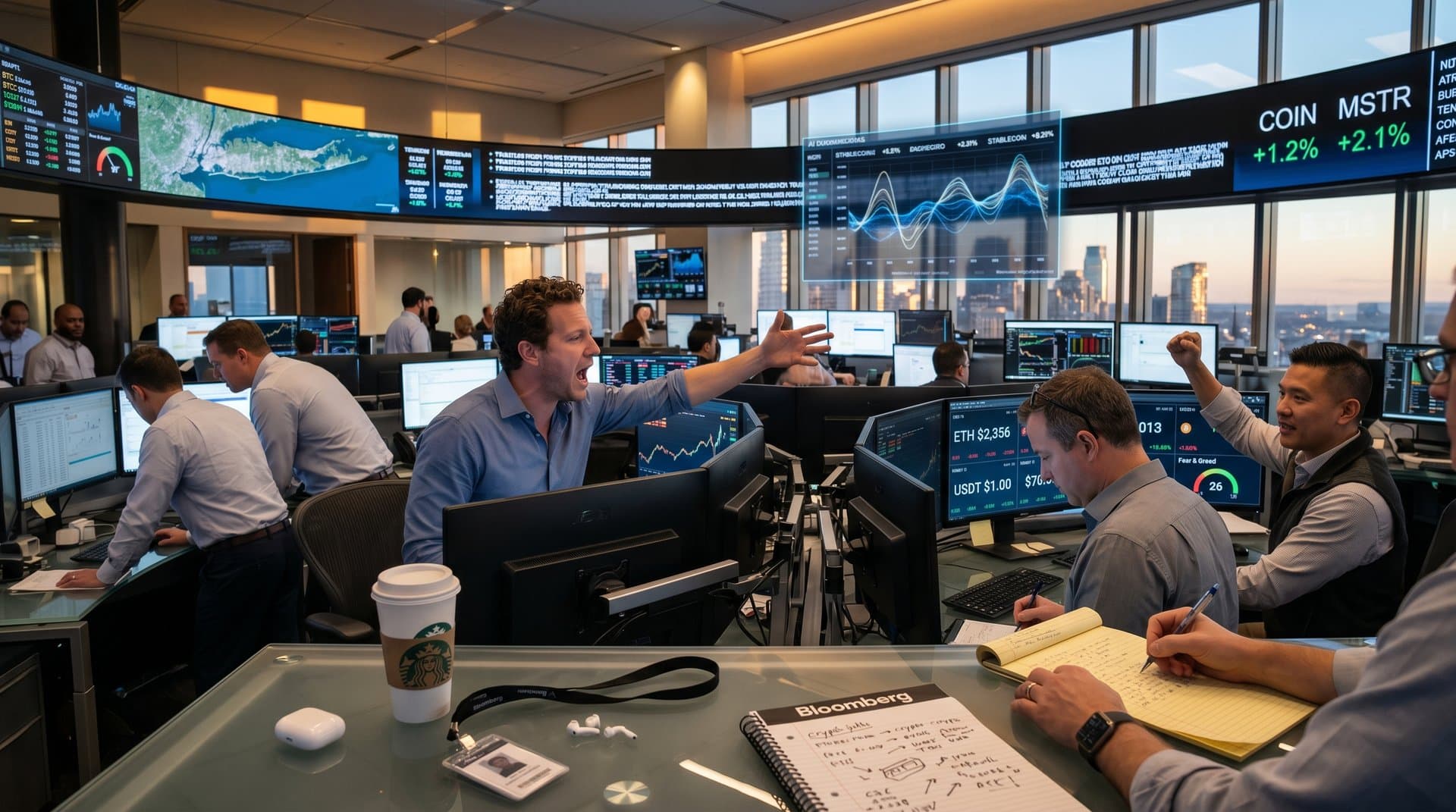 Trading screens show crypto prices and Strait of Hormuz news amid market volatility