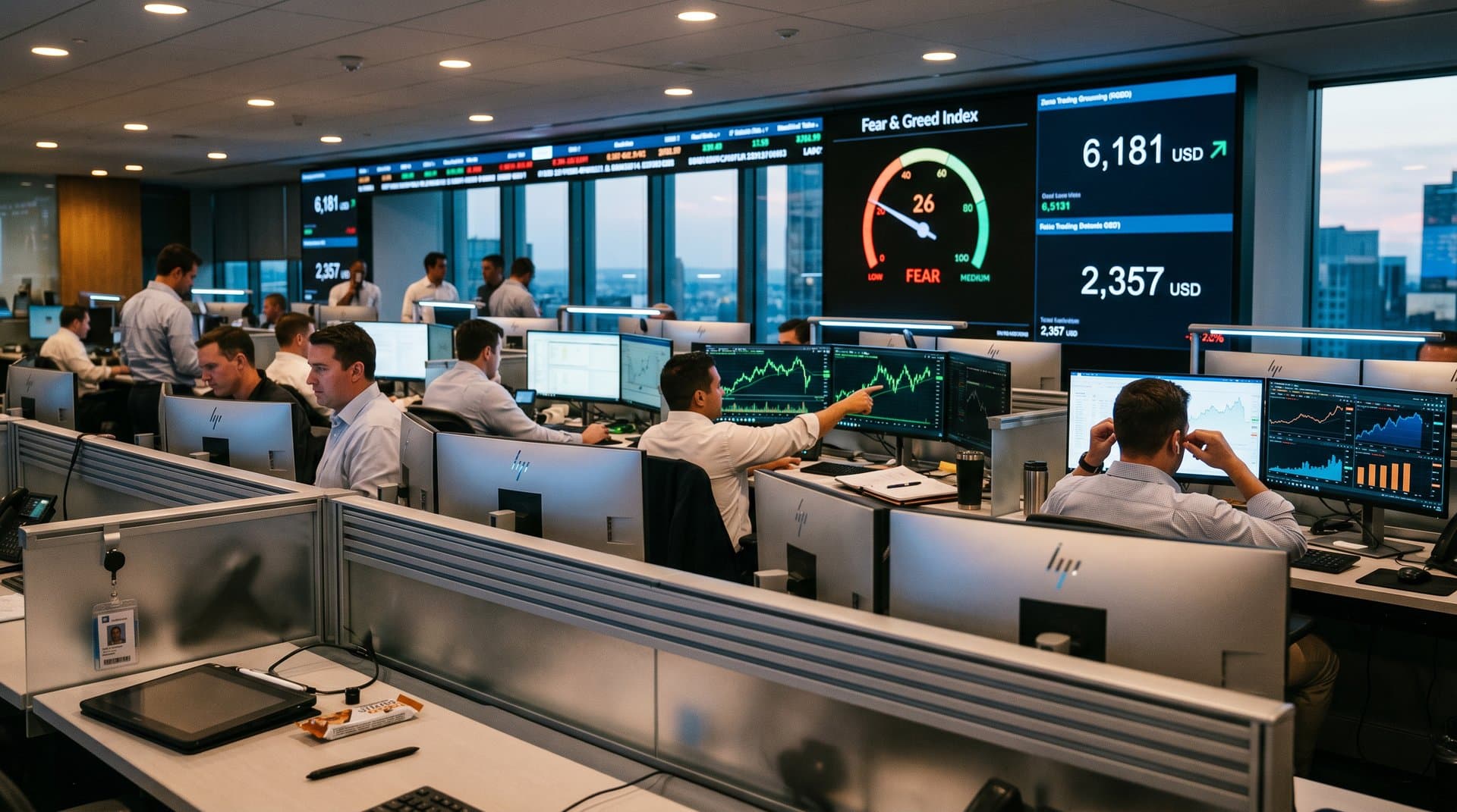 Trading screens show AI stocks, MarketBeat analysis, Fear & Greed at 26, and BTC price charts