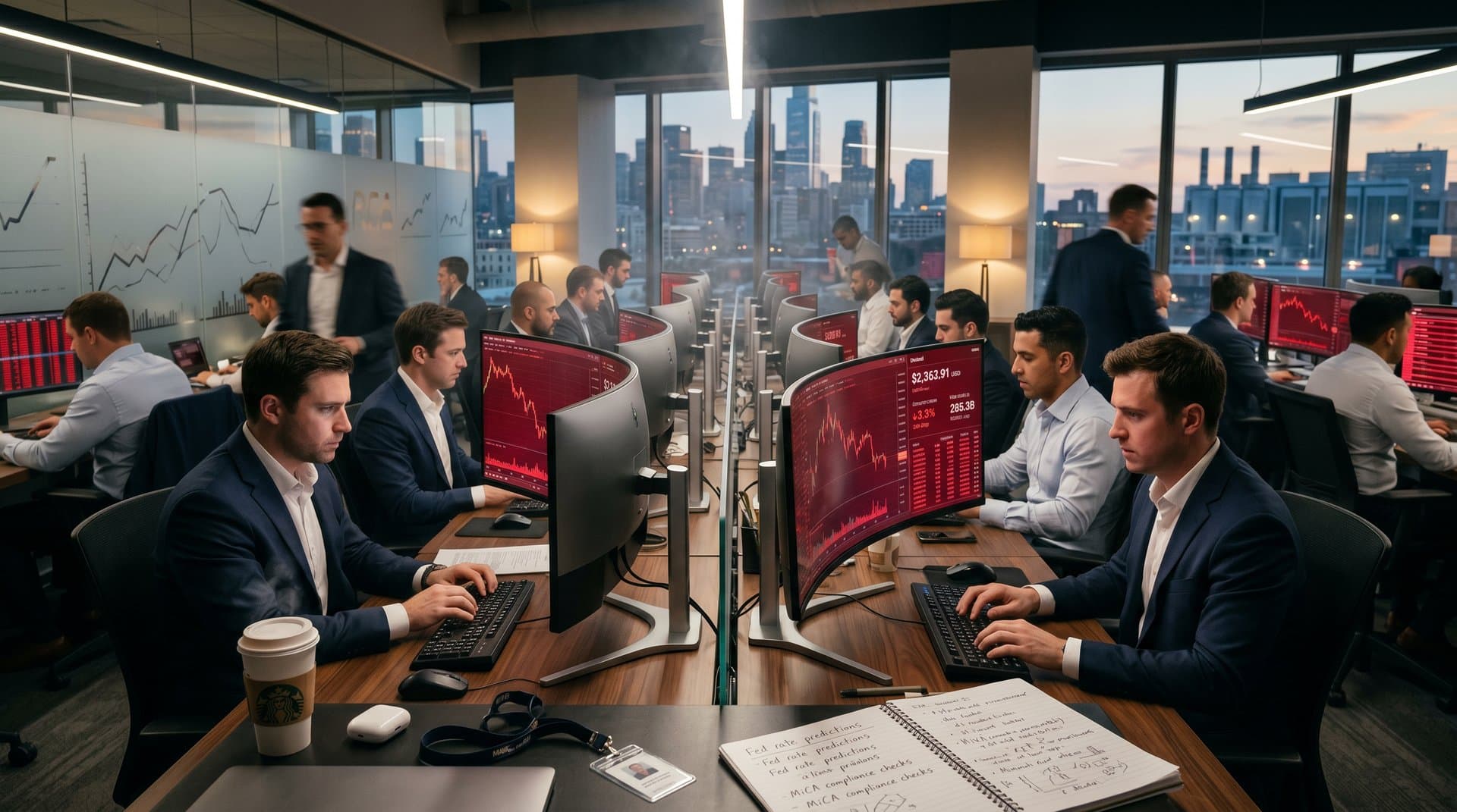 Screens showing Ethereum price drop to $2,363.91 USD amid trading desks and market data displays