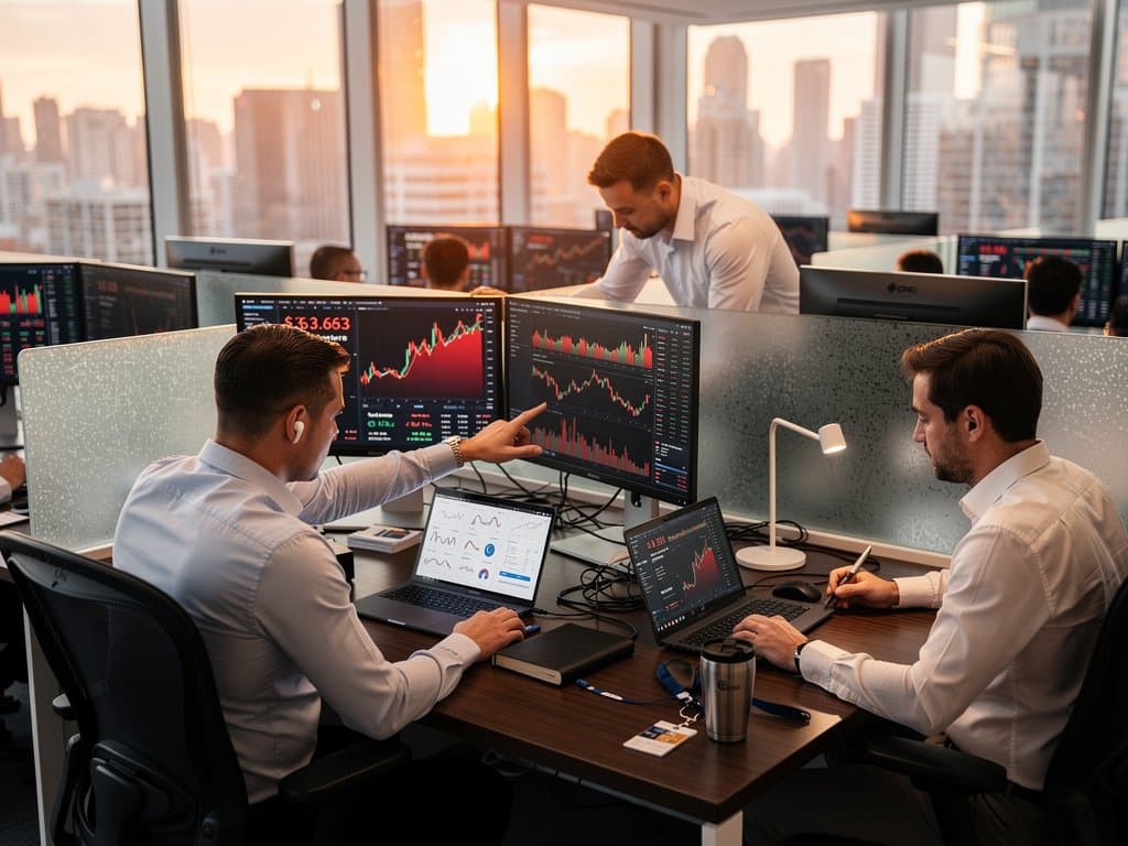 Trading floor monitors show MemeCore price drop to $3.63 with Solana charts and volume declines in modern finance office