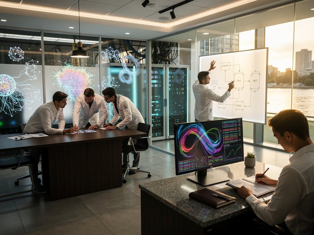 Abstract view of modern AI lab with holographic displays, server racks, monitors showing AI visuals, and skyline through windows.